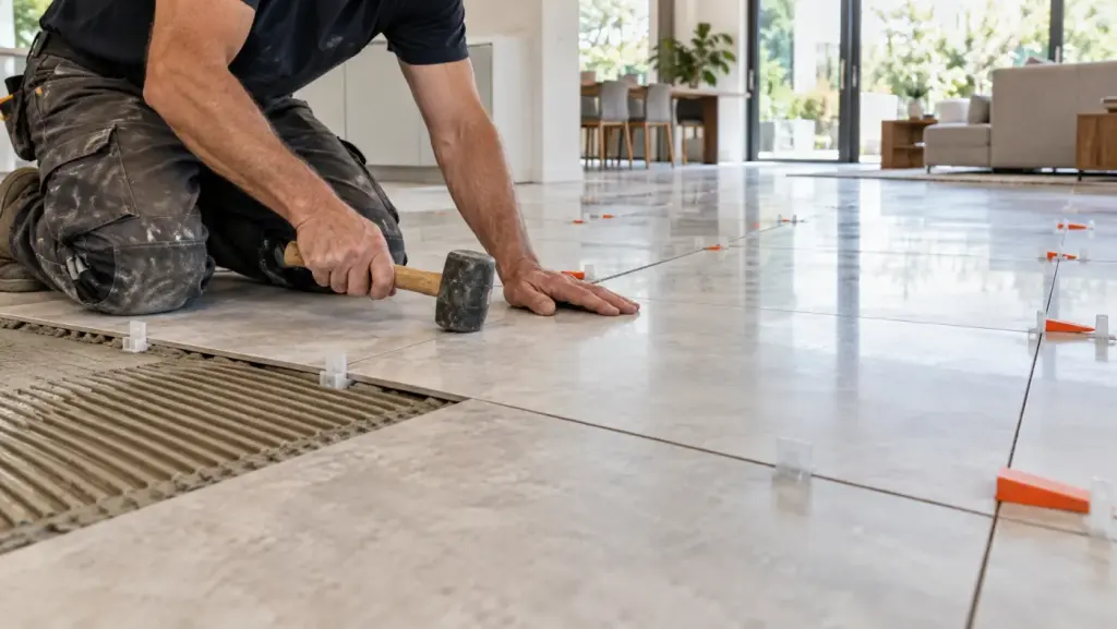 New porcelain plank flooring being installed